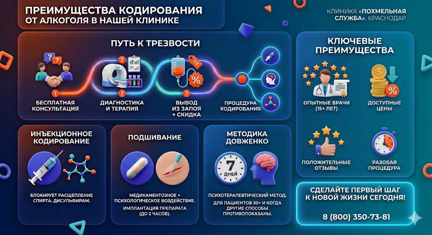 Инфографика о методах кодирования от алкоголя в Ступино: инъекции, подшивание, метод Довженко. Преимущества клиники и этапы лечения.